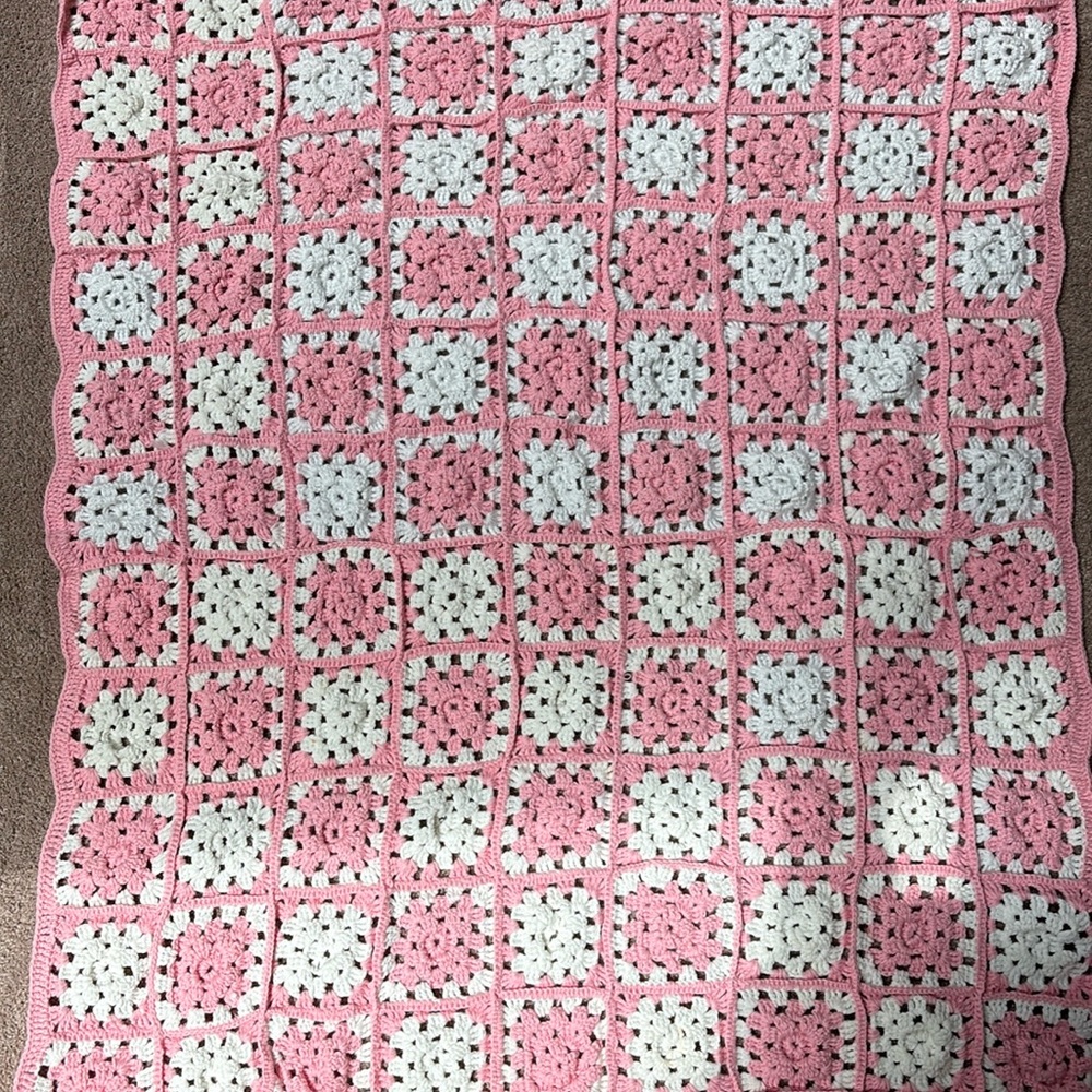 Crochet Baby Blanket 4x5 Pink and White Squares